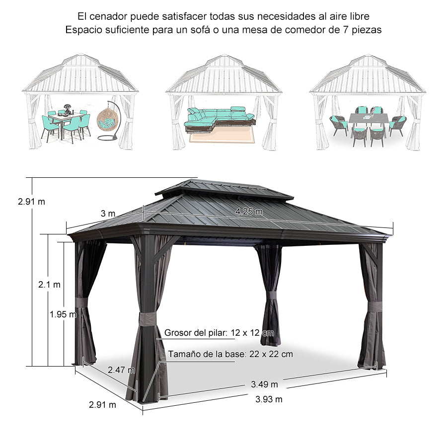 PURPLE LEAF Aluminio Cenador Jardin Cenadores Techo De Acero Galvanizado con Cortinas Y Mosquiteras para Exterior Terraza Gris