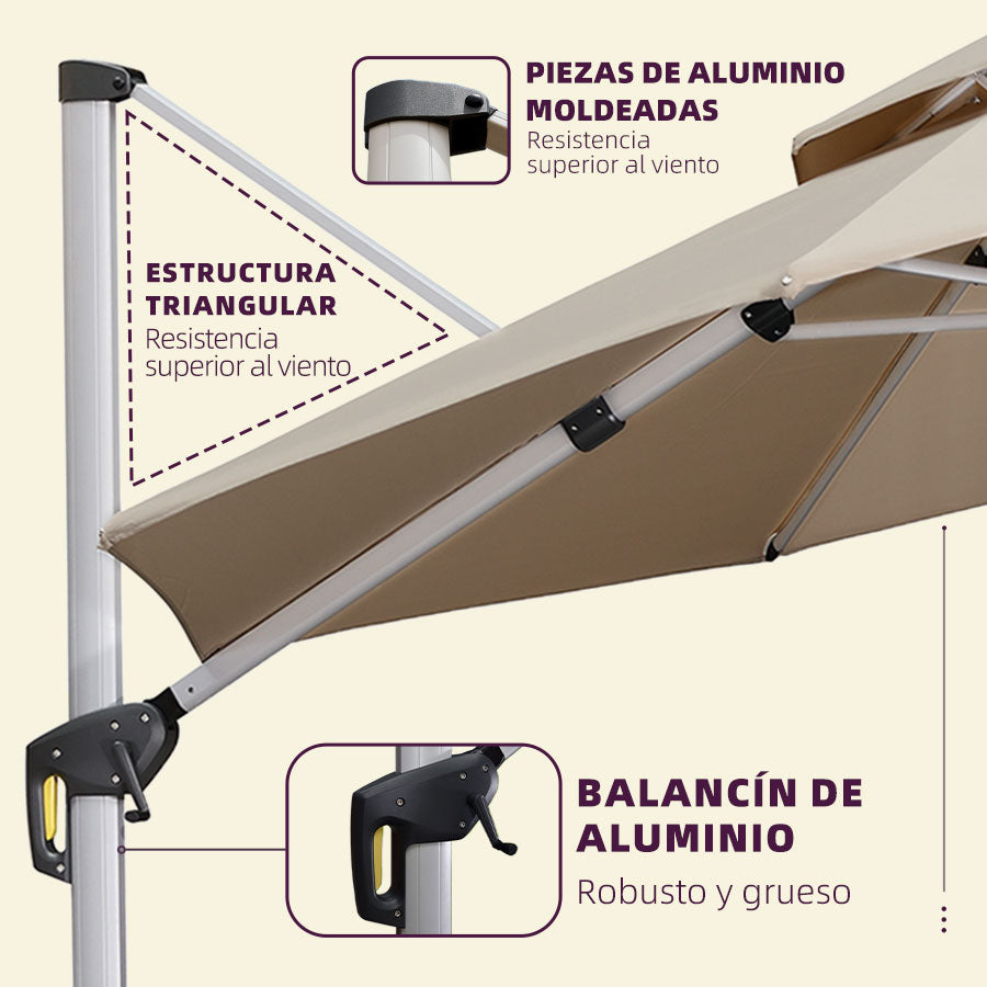 PURPLE LEAF paraguas redondo con iluminación solar LED, parasol excéntrico para jardín y terraza con manivela, rotación de 360°