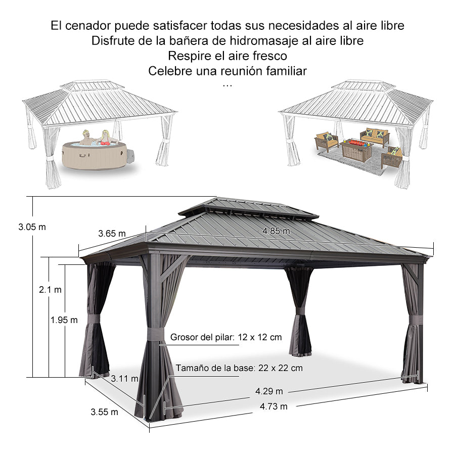 PURPLE LEAF Aluminio Cenador Jardin Cenadores Techo De Acero Galvanizado con Cortinas Y Mosquiteras para Exterior Terraza Gris