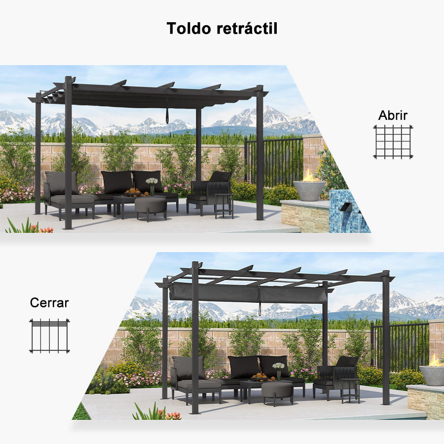 PURPLE LEAF Pérgola retráctil de aluminio para exteriores con techo protector solar, terraza, refugio para el patio trasero, pabellón metálico para barbacoa - PRG