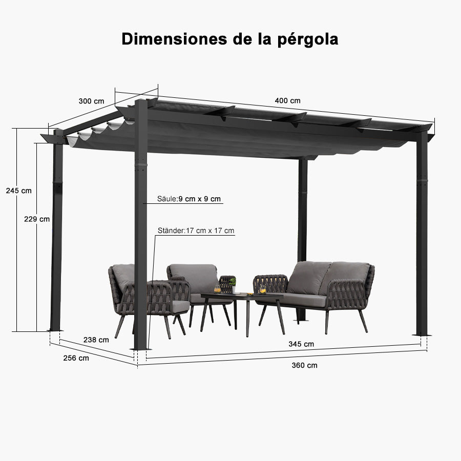 PURPLE LEAF Pérgola retráctil de aluminio para exteriores con techo protector solar, terraza, refugio para el patio trasero, pabellón metálico para barbacoa - PRG