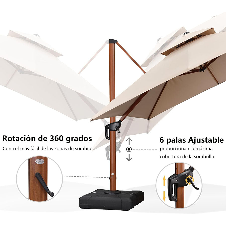 Purple Leaf Sombrilla cuadrada de aluminio con acabado de madera, con manivela e inclinación, adecuada para balcón y jardín