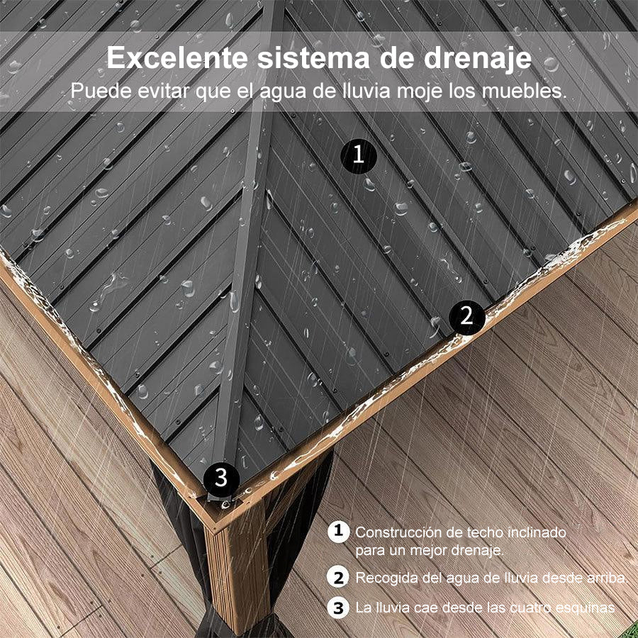 PURPLE LEAF Cenador Con Techo Rígido Para Patio Grano De Madera  Toldo Con Estructura De Acero Galvanizado Y Red