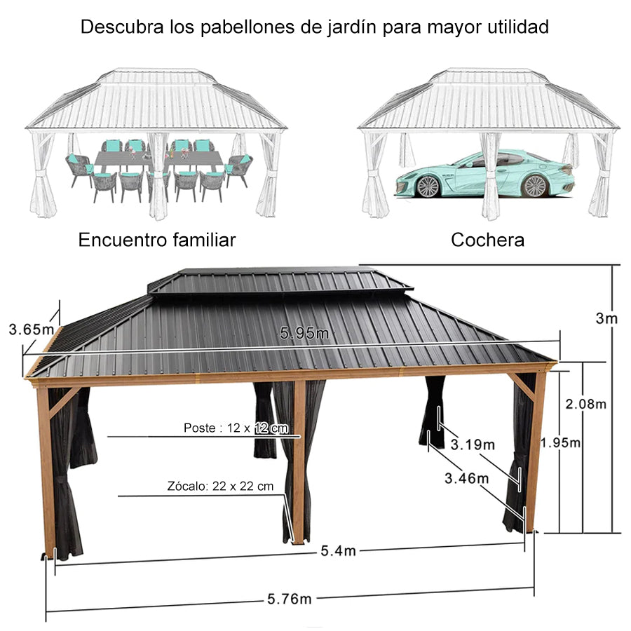 PURPLE LEAF Cenador Con Techo Rígido Para Patio Grano De Madera  Toldo Con Estructura De Acero Galvanizado Y Red