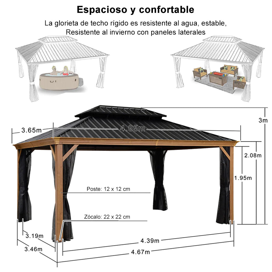 PURPLE LEAF Cenador Con Techo Rígido Para Patio Grano De Madera  Toldo Con Estructura De Acero Galvanizado Y Red