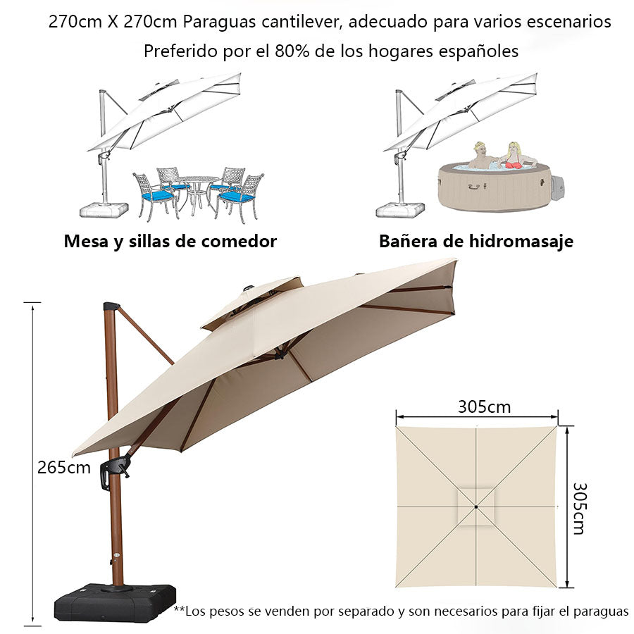 Purple Leaf Sombrilla cuadrada de aluminio con acabado de madera, con manivela e inclinación, adecuada para balcón y jardín