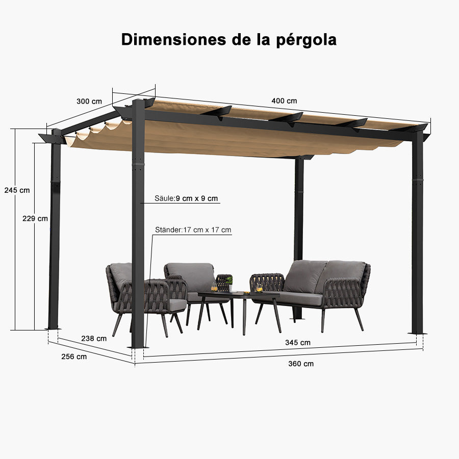 PURPLE LEAF Pérgola retráctil de aluminio para exteriores con techo protector solar, terraza, refugio para el patio trasero, pabellón metálico para barbacoa - PRG