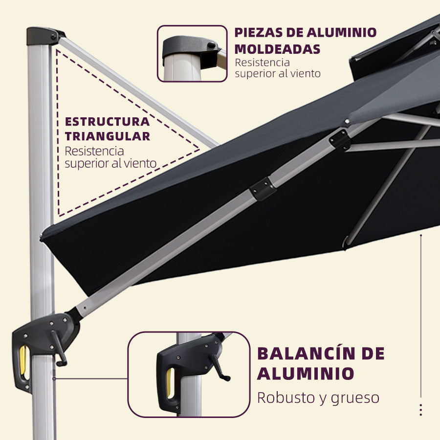 PURPLE LEAF paraguas redondo con iluminación solar LED, parasol excéntrico para jardín y terraza con manivela, rotación de 360°