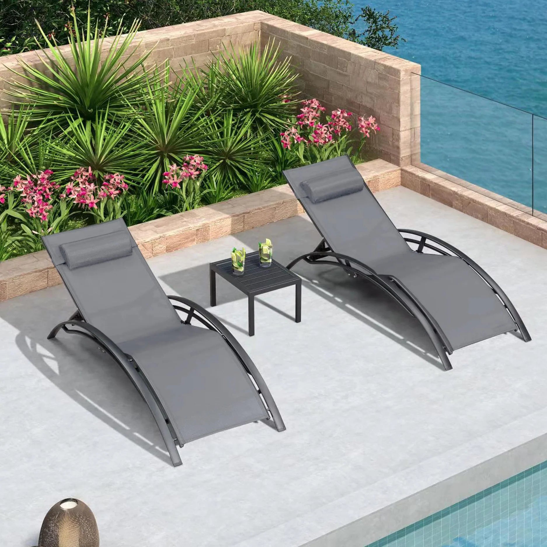 PURPLE LEAF Juego de tumbonas de aluminio para exteriores con mesa auxiliar  y almohada para piscina exterior, playa, tomar el sol, bronceado